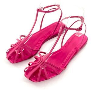 Max Mara Flora PV Fuchsia Pink Leather T-bar Ankle Strap Sandals Size 37